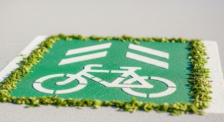 A Green Bicycle Lane Sign With Decorative Vegetation Border and Directional Arrows