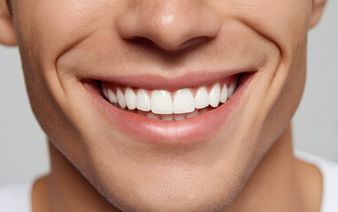 Naklejka premium Radiant, healthy white teeth gleam in a confident, joyful smile, perfect for dental care and cosmetic dentistry advertising.