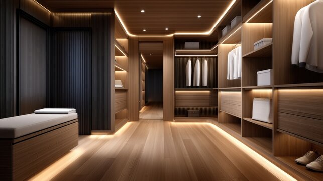 Modern Luxury Walk-in Closet Interior Design with Warm Ambient Lighting
