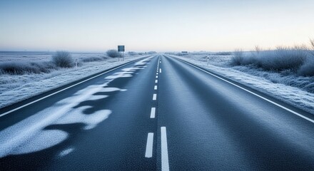 A Lonely Road in Winter Reaching Far Towards The Horizon Under A Soft Sky