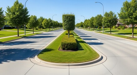 A Lush Green Street, with Carefully Landscaped Median and Beautiful Trees Under a Clear Sky