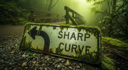 A Misty Forest Scene Featuring a Sharp Curve Sign and Mossy Environment
