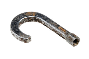 Steel hook, threaded, rusty, curved on black