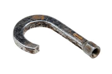 Steel hook, threaded, rusty, curved on black