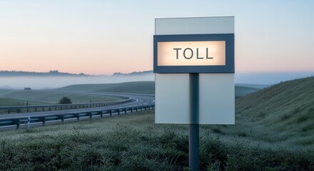 A Misty Morning View Of A Toll Road With Signage Against A Scenic Background