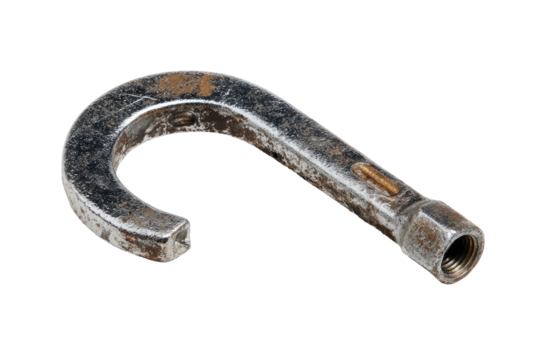 Steel hook, threaded, rusty, curved on black