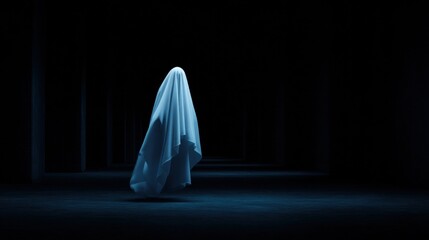 Ethereal Ghost Figure Floating in Dark Blue Lit Hallway