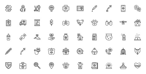 Veterinary icon set. Pet care vector illustrations. ncludes symbols for clinic doctor, medicine, vaccine dog, cat, food, grooming nd more. Editable stroke.