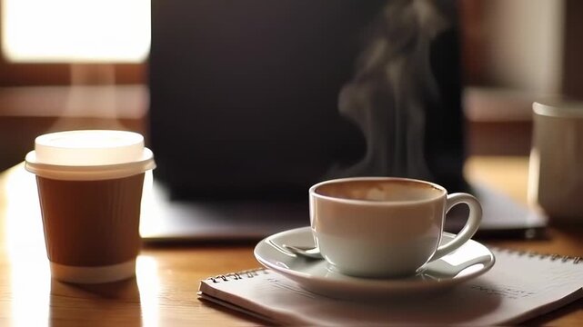 Steaming coffee in a white cup and to-go cup, laptop blurred in the background on a wooden desk