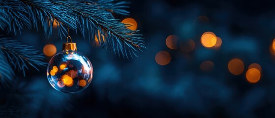 Elegant Christmas Bauble on Blue Fir Branch with Sparkling Bokeh Lights