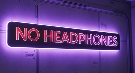 A Neon Illuminated Prohibition Sign Declaring No Headphones in Futuristic Setting