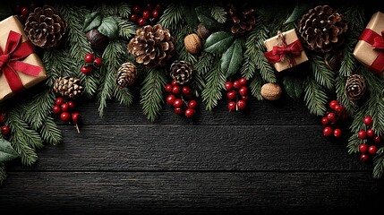 Top-down Christmas flat lay on black wood: dark-green foliage, pine cones, red berries, nuts & gift boxes framing, center copy space for winter promo
