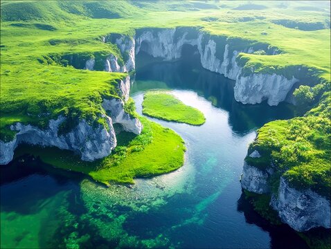 An aerial view captures a vibrant green landscape with a winding river carving through a canyon of white cliffs, revealing clear, turquoise waters below.
