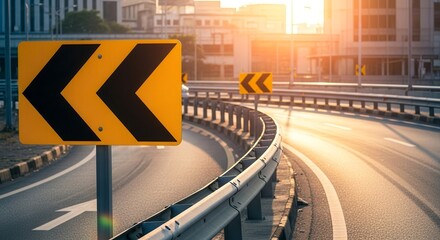 A Panoramic View Of a Road Curve With Directional Signs And Morning Light