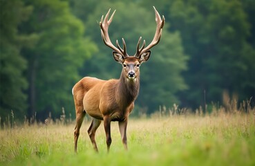 Obraz premium Majestic red deer stag stands on a green summer meadow. Dominant male animal with massive antlers looks forward. He observes forest territory. Wild creature is alert, strong, vigilant.