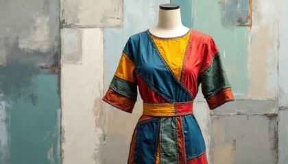Multi colored patchwork dress displayed on mannequin. Upcycled textile fabric creation showcases unique design. Modern sustainable eco fashion concept for conscious consumers.