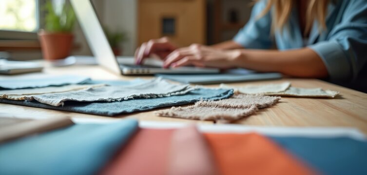 Interior decorator works on laptop near fabric swatches. Young woman selects colors and materials for home renovation. Creative designer plans interior design project.