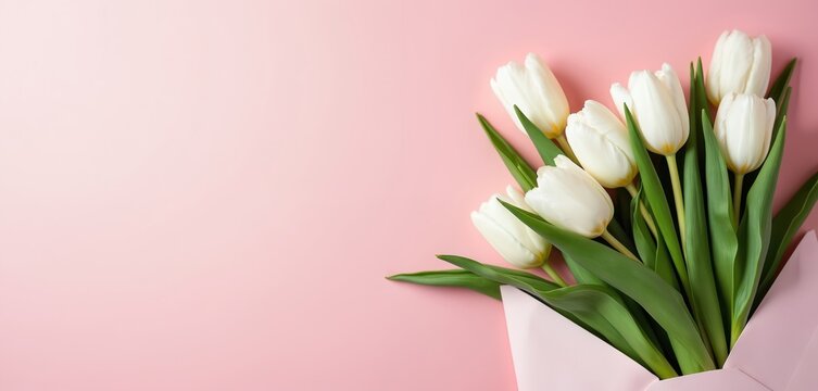 White tulips arrive in soft pink envelope. Floral greeting for Mothers Day, birthday or wedding. Spring flowers arranged for special occasion celebration and gift.