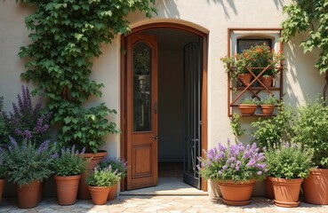 Fototapeta premium Potted plants surround an open wooden doorway and a window planter. Green ivy climbs the wall beside the entrance. Purple lavender and other green shrubs fill terracotta pots on a stone patio.
