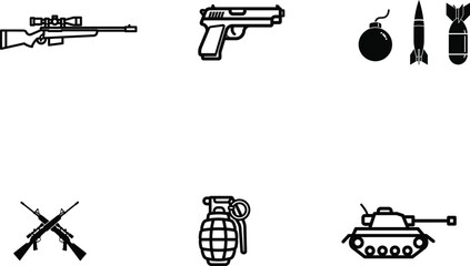 Collection of weapon outline illustrations representing different types of armaments for military operations and combat situations offering design elements for defense and security themes