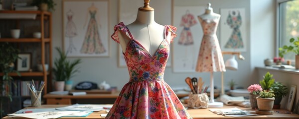 Mannequin displays pink floral dress amid fashion sketches, sewing tools. Studio desk shows design drafts, crafting materials. Nearby mannequins wear similar dresses. Plants adorn bright workspace.