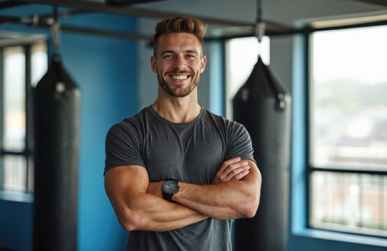 Smiling fit man stands in gym with arms crossed. Trainer poses near punching bags in workout studio. Confident sportsman smiles at camera. Person demonstrates strength, energy, healthy lifestyle in