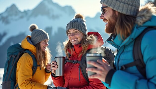 Three friends in warm winter jackets drink hot beverages from thermoses while hiking in snowy mountains. They smile and chat during a frosty outdoor adventure. - Powered by Adobe