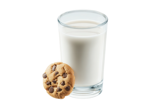 A clear glass of fresh white milk paired with a delicious classic chocolate chip cookie for a sweet snack