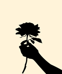Silhouette of hand holding a rose flower on finger. Icon of natural grabbing plant concept design. Vector illustration.