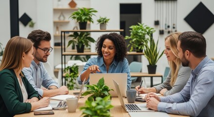 Diverse group of professionals collaborate around a table with laptops in a modern office space