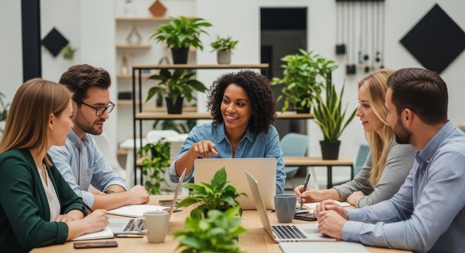 Diverse group of professionals collaborate around a table with laptops in a modern office space