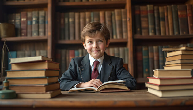 Young boy in suit, tie sits at wooden desk. Reads open book with big smile. Many old books surround, library shelves in back. Child imagines future profession, studies hard for education, gaining