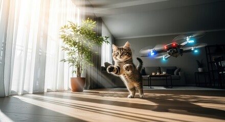 A tabby kitten jumping towards a flying drone in a sunlit living room with a potted plant near window