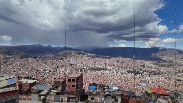 La Paz, Bolivia: Point of view of a urban cable car, the Teleferico, who rides up to the El Alto district above the town in Bolivia capital city. 