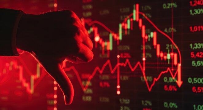 A hand giving a thumbs down in front of a stock market crash chart in a red illuminated room