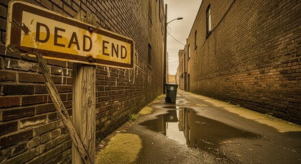 A Weathered Dead End Sign in a Narrow Brick Alleyway Reflecting in Puddles