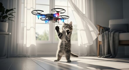 A tabby cat reaching for a drone indoors in a bright room with sunlight and white curtains blowing