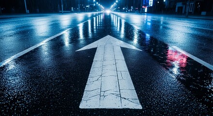 A Wet Road With An Arrow Guiding The Way Towards The Bright Lights Ahead Tonight