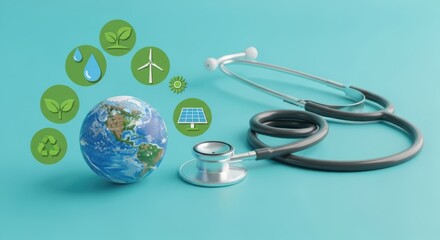 Earth globe with green energy icons and stethoscope on light blue background for global health concept
