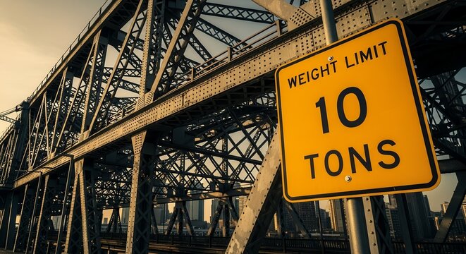 A Weight Limit Sign Displayed on A Metallic Bridge with A City Background
