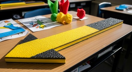 A Yellow And Black Arrow Lying on A Wooden Table With Decorative Objects