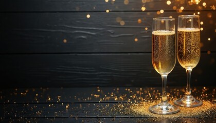 Two glasses full of bubbly champagne sit on dark table. Gold glitter sparkles around drinkware. Soft bokeh lights create festive holiday atmosphere, perfect for celebrating New Years Eve parties.