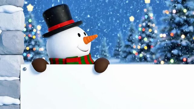 Festive animation featuring a cheerful snowman waving from behind a blank signboard, perfect for holiday messages and greetings.