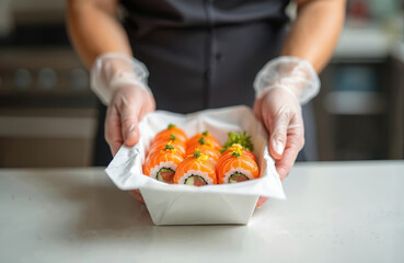 Gloves on hands hold a take away box of fresh salmon sushi rolls. Sushi preparation in a restaurant kitchen for customer delivery or pickup service.