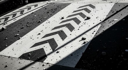 Abstract Arrow Directional Road Marking Under The Sunlight With A Dramatic Shadow