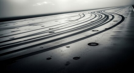 Abstract Art Featuring Textured Asphalt with Tire Tracks And Atmospheric Skies