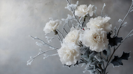 Winter floral arrangement with white peonies and frosted leaves