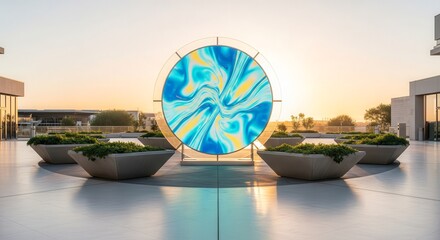 Abstract Art Panel Displayed In Modern Outdoor Setting Against a Beautiful Sunset