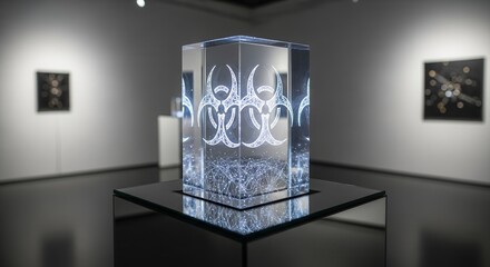 Abstract Biohazard Crystal Sculpture Displayed in a Modern Art Gallery Setting