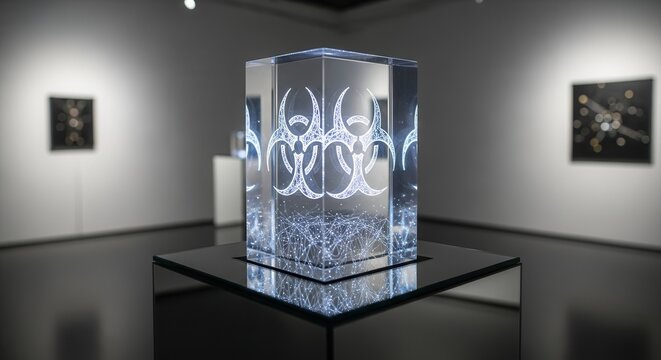 Abstract Biohazard Crystal Sculpture Displayed in a Modern Art Gallery Setting - Powered by Adobe